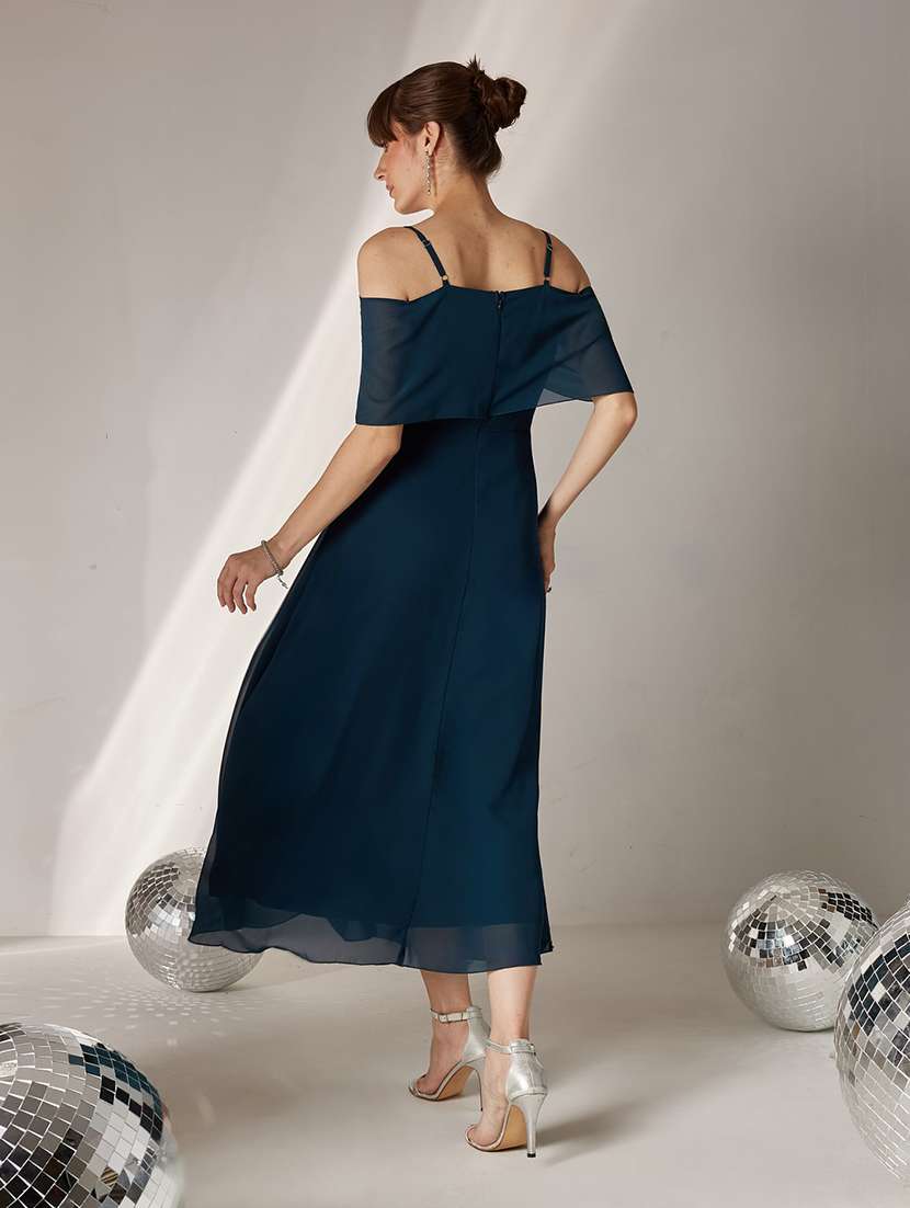 women solid cold shoulder fit and flare dress - 22587913 -  Standard Image - 4