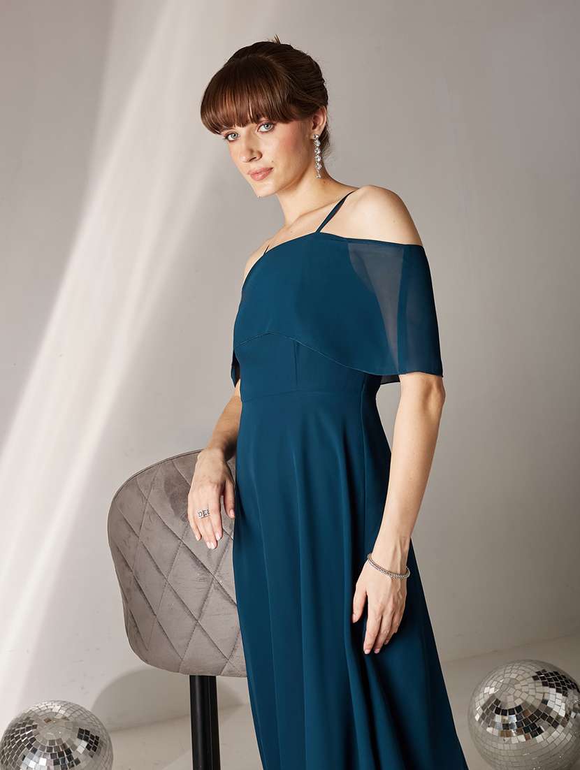 women solid cold shoulder fit and flare dress - 22587913 -  Standard Image - 6