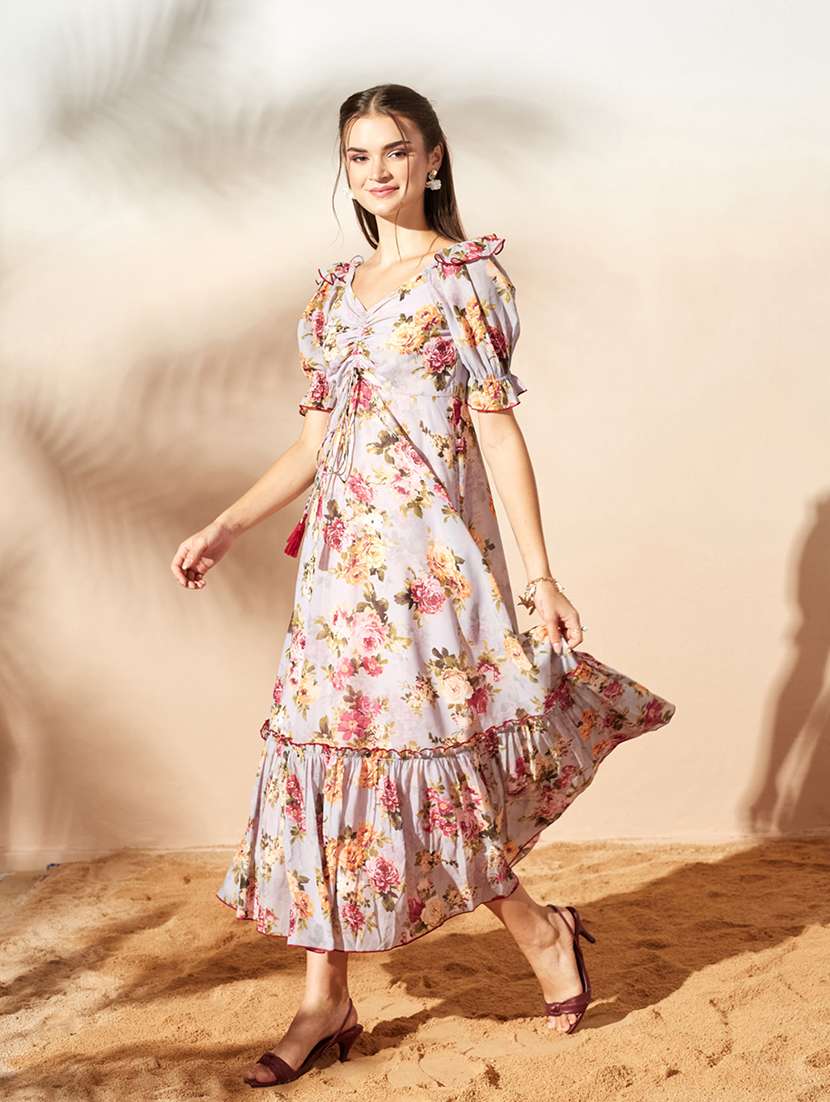 women printed puff sleeves tiered dress
