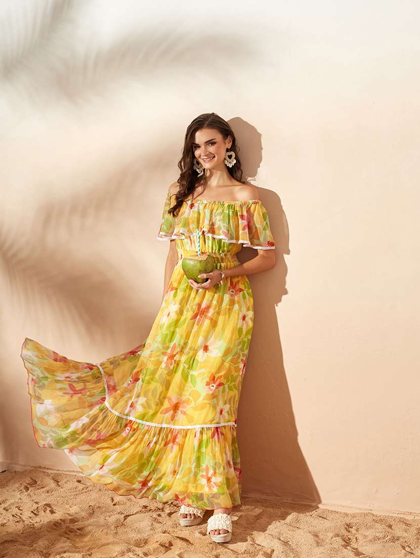 women printed off shoulder tiered dress