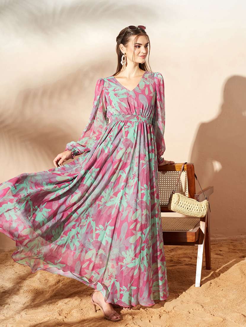 women printed bishop sleeves fit and flare dress