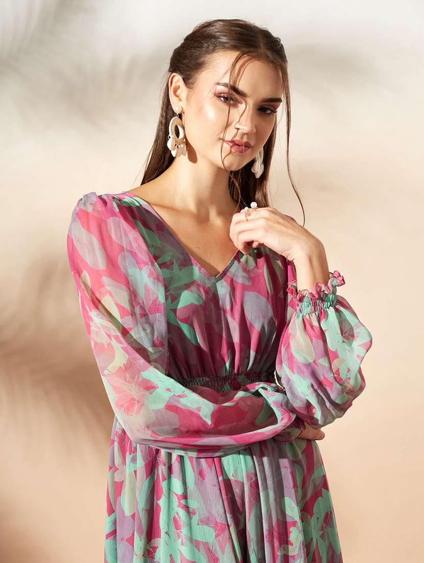 women printed bishop sleeves fit and flare dress - 22587922 -  Standard Image - 1
