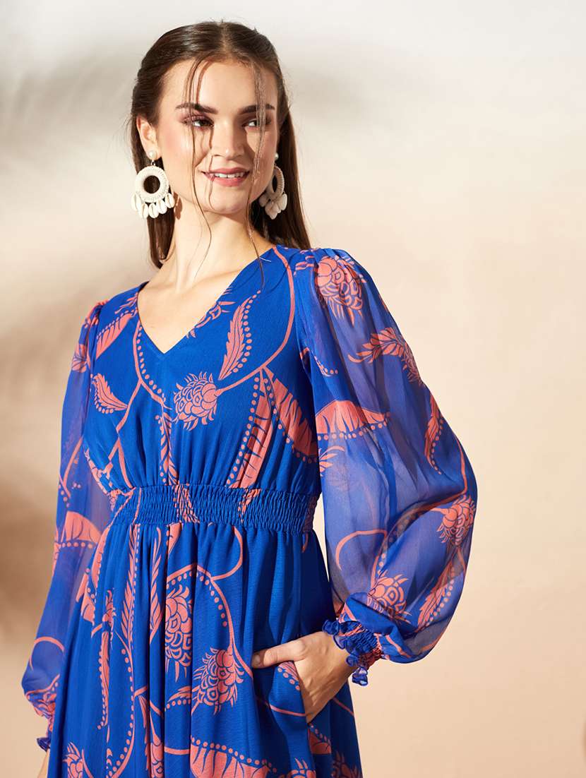 Women Printed Bishop Sleeves Fit And Flare Dress - 22587923 -  Standard Image - 1