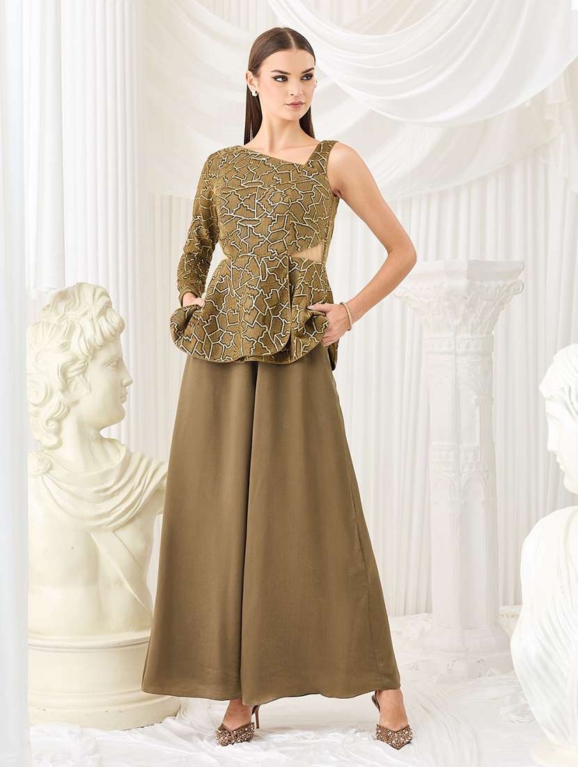 women self design asymmetric neck top and palazzo set