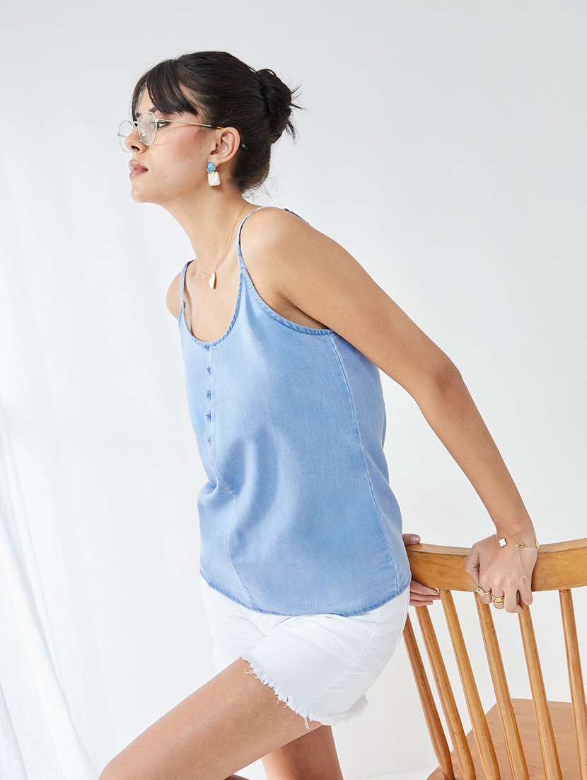 women solid shoulder strap regular top