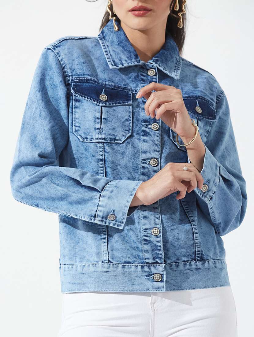 women printed long sleeves denim jacket - 22587993 -  Standard Image - 1