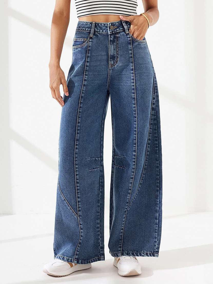 women washed high rise wide leg jeans