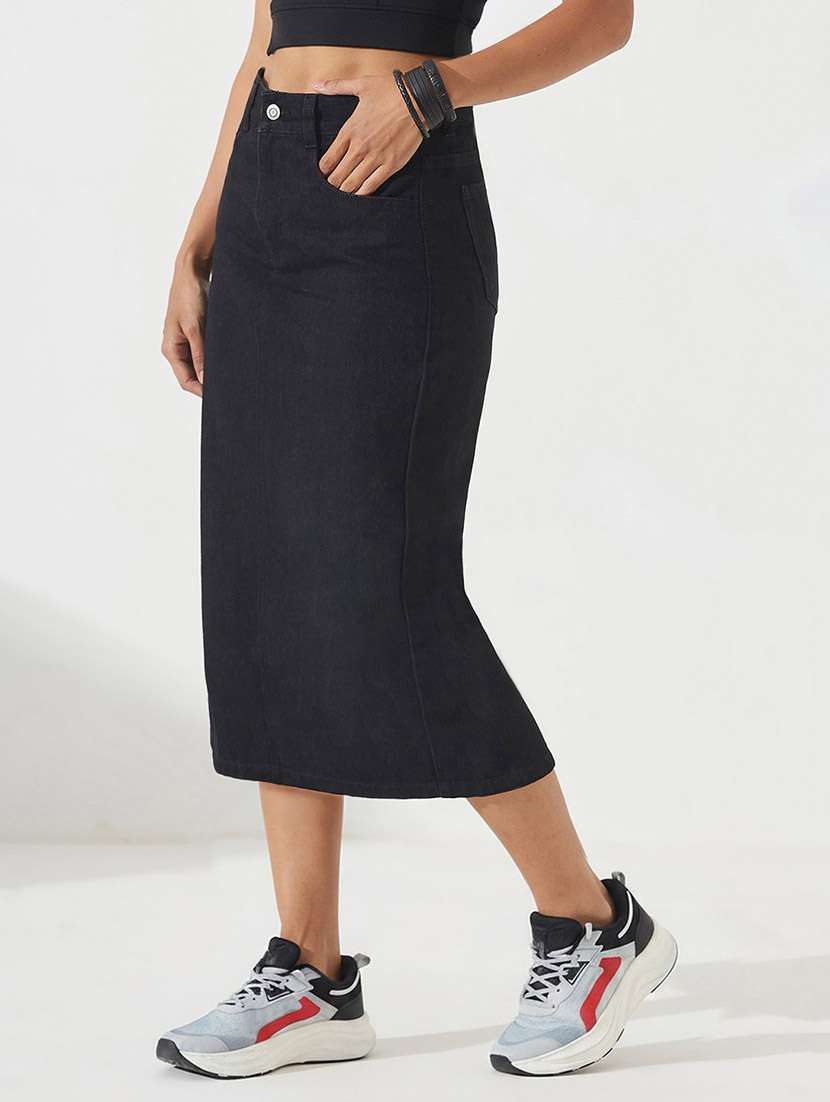 women solid high rise straight skirt