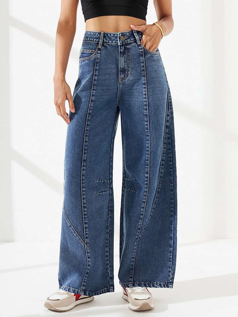 women washed high rise wide leg jeans