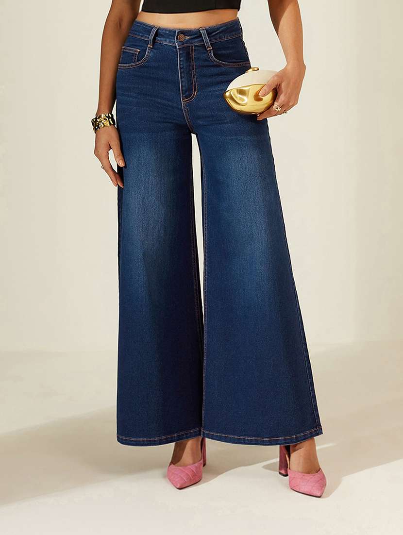 women washed high rise wide leg jeans