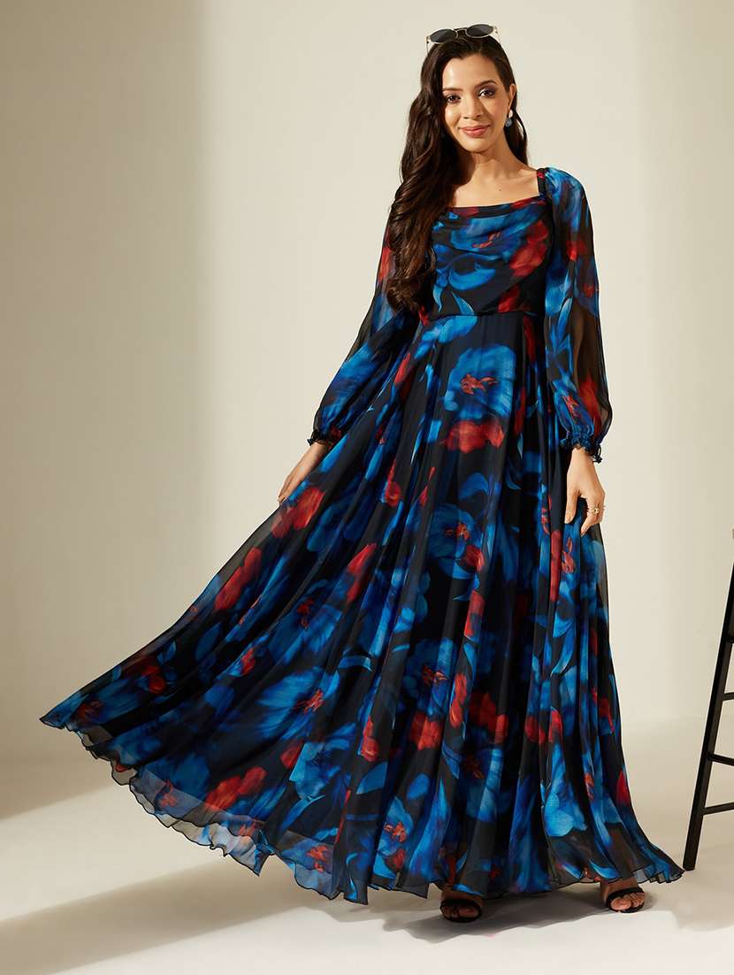 women printed bishop sleeves fit and flare dress