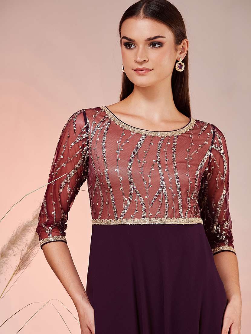 Women Embroidered Three Quarter Sleeves Fit And Flare Gown - 22588125 -  Standard Image - 1