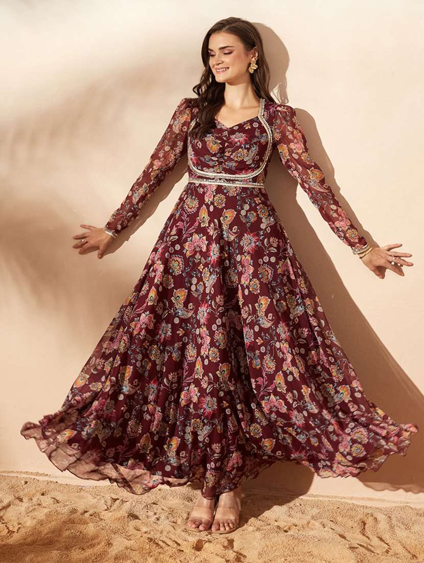 women printed long sleeves fit and flare dress