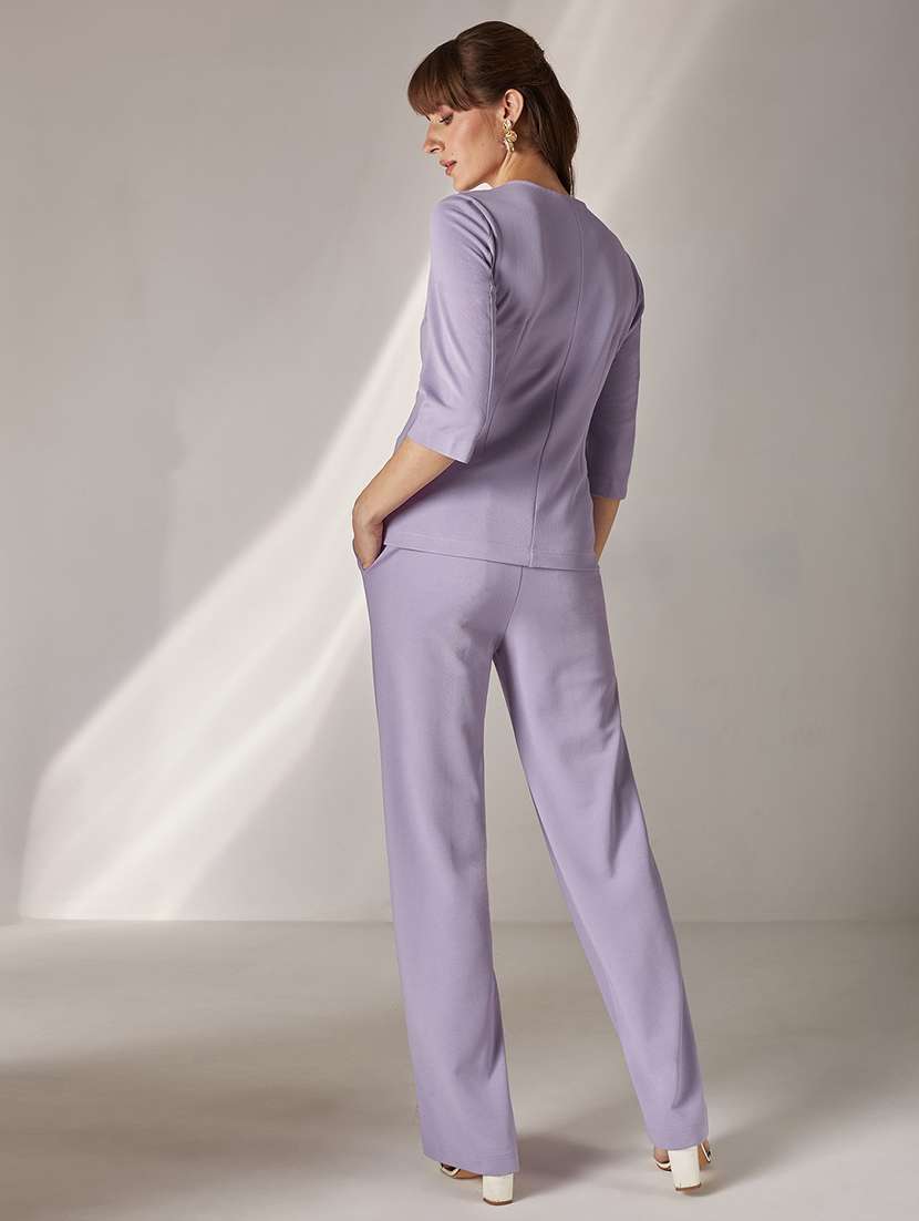 women solid three quarter sleeves top and trouser co-ord set - 22588135 -  Standard Image - 4