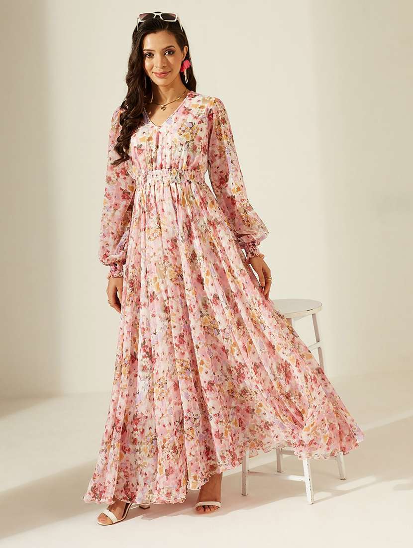 women printed bishop sleeves fit and flare dress