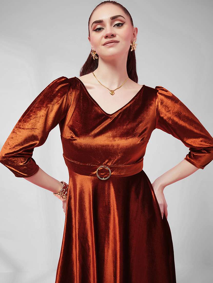 women solid three quarter sleeves fit and flare dress - 22588160 -  Standard Image - 1