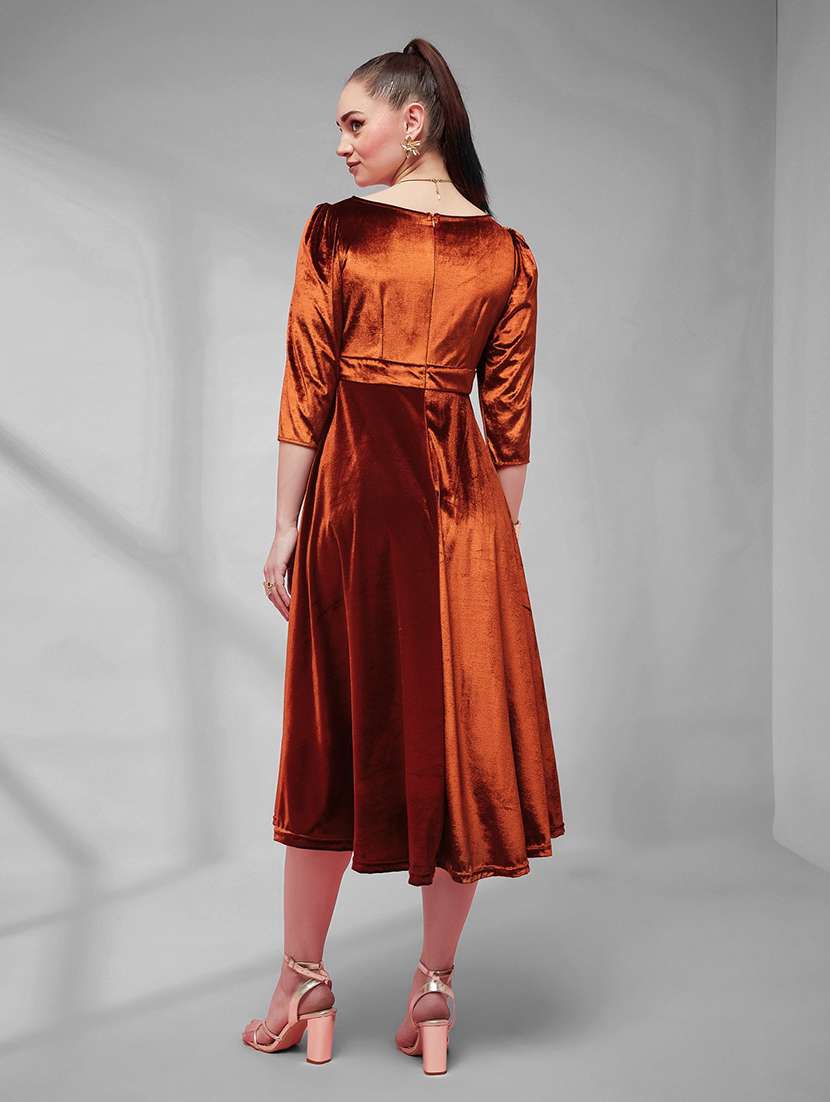 women solid three quarter sleeves fit and flare dress - 22588160 -  Standard Image - 4