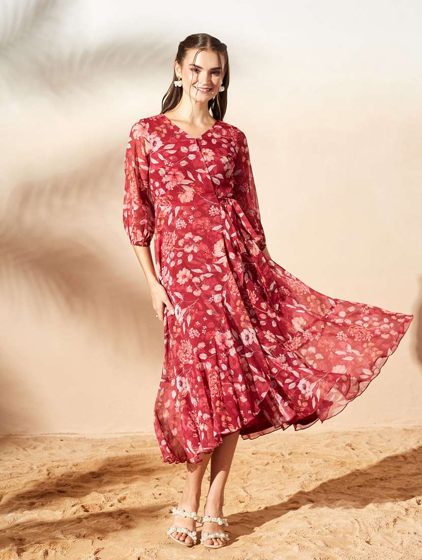 Women Printed Three Quarter Sleeves Wrap Dress - 22588173 -  Standard Image - 1