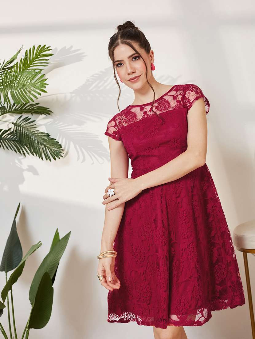 women self design cap sleeves fit and flare dress