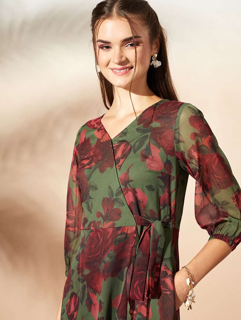 Women Printed Three Quarter Sleeves Wrap Dress - 22588189 -  Standard Image - 1