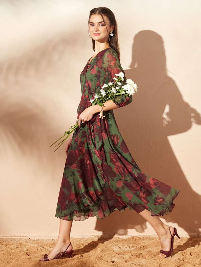 Women Printed Three Quarter Sleeves Wrap Dress - 22588189 -  Standard Image - 4