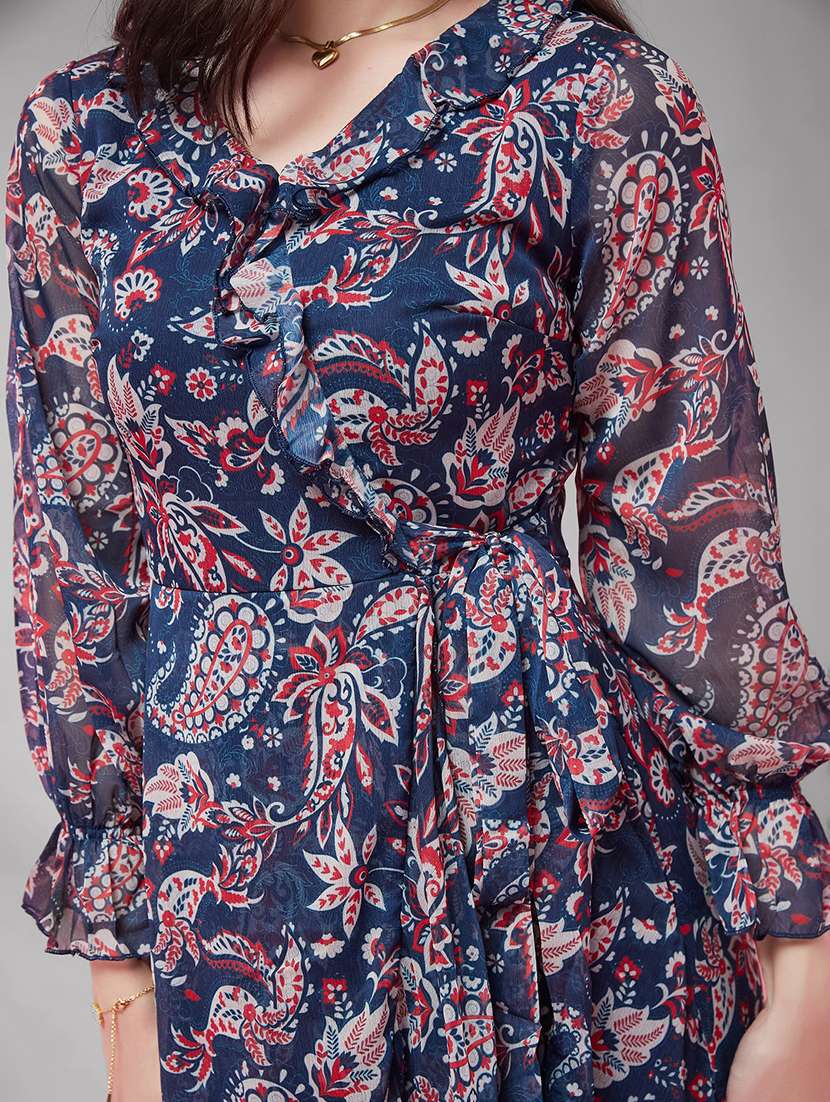 women printed long sleeves wrap dress - 22588190 -  Standard Image - 1