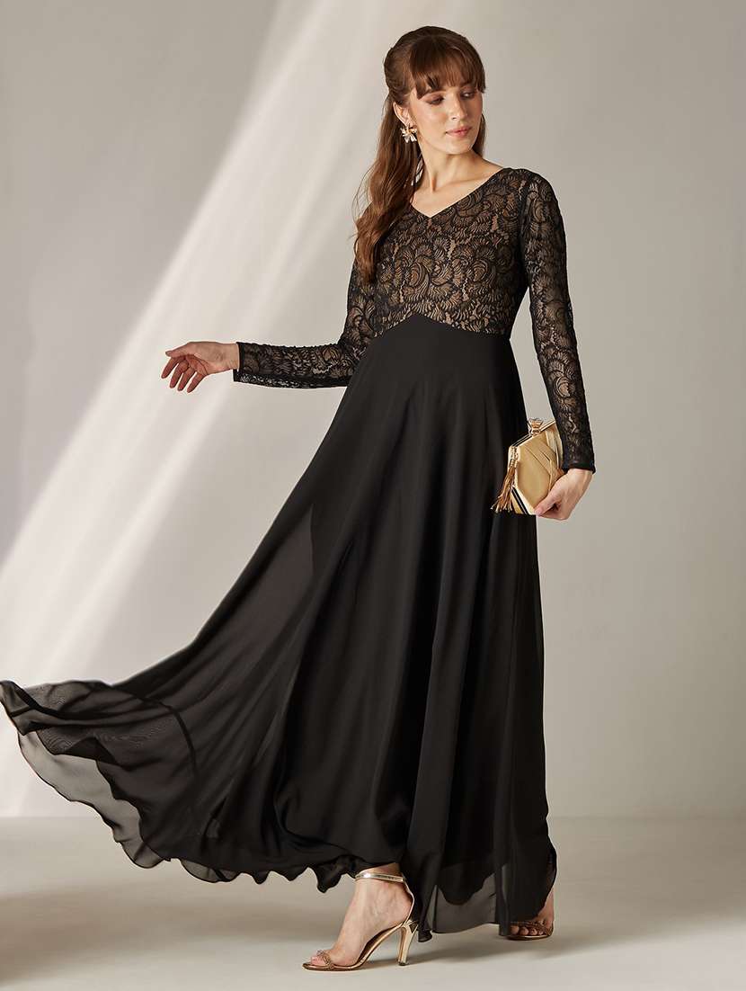 women self design long sleeves fit and flare gown