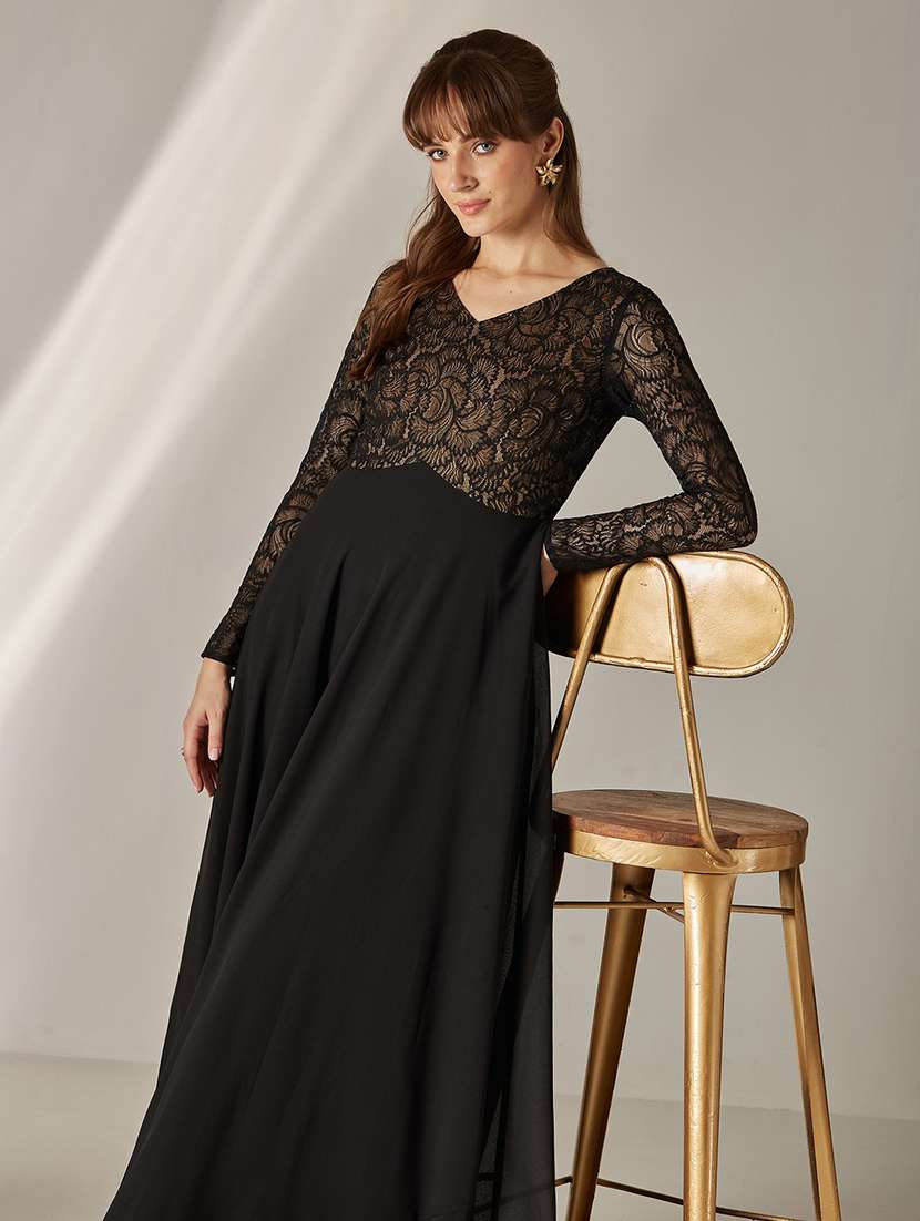 women self design long sleeves fit and flare gown - 22588194 -  Standard Image - 4