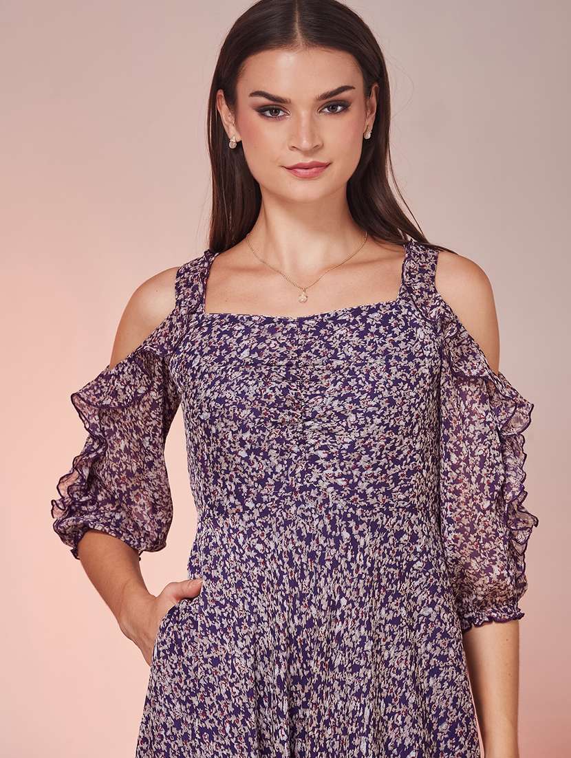 women printed cold shoulder fit and flare dress - 22588195 -  Standard Image - 1