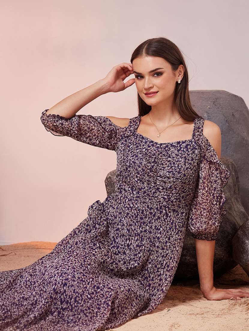 women printed cold shoulder fit and flare dress - 22588195 -  Standard Image - 4