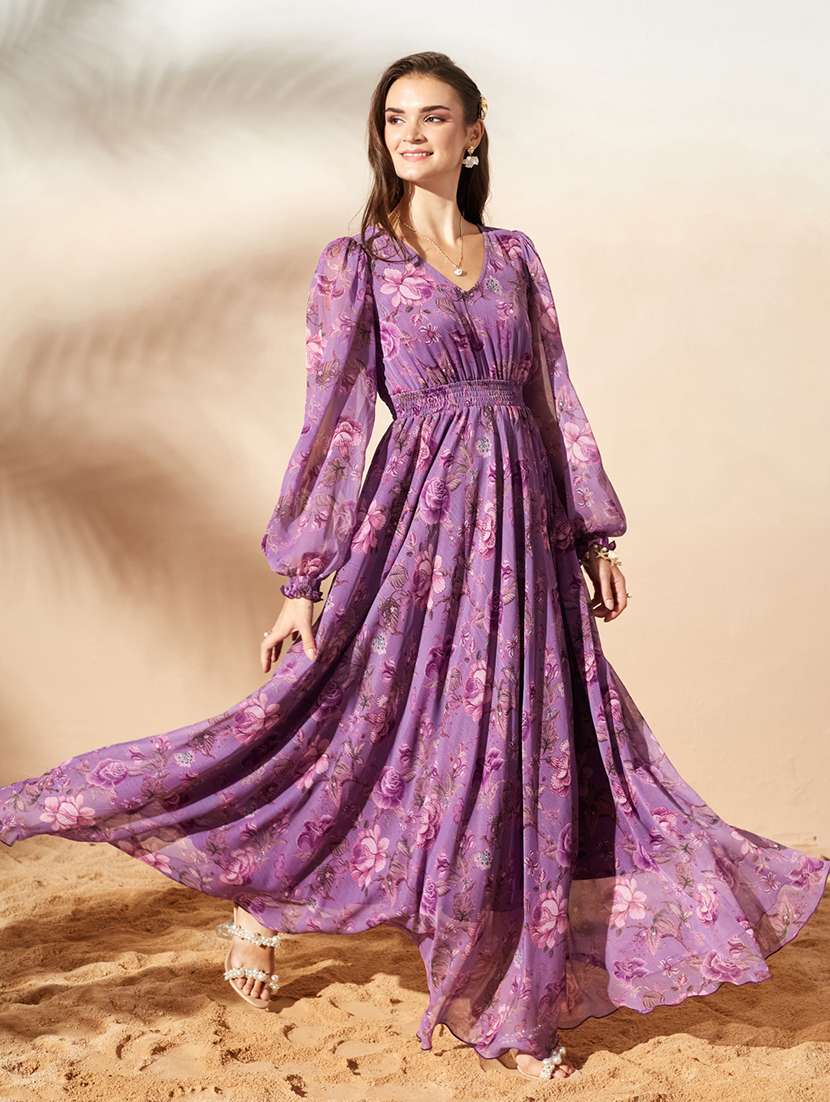 women printed bishop sleeves fit and flare dress - 22588206 -  Standard Image - 1