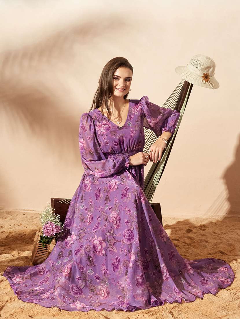 women printed bishop sleeves fit and flare dress - 22588206 -  Standard Image - 4