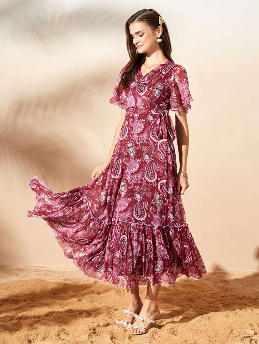 women printed flared sleeves tiered dress