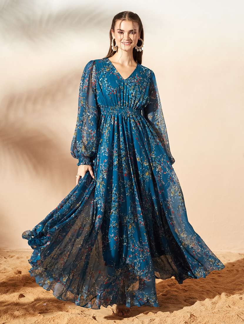 women printed bishop sleeves fit and flare dress