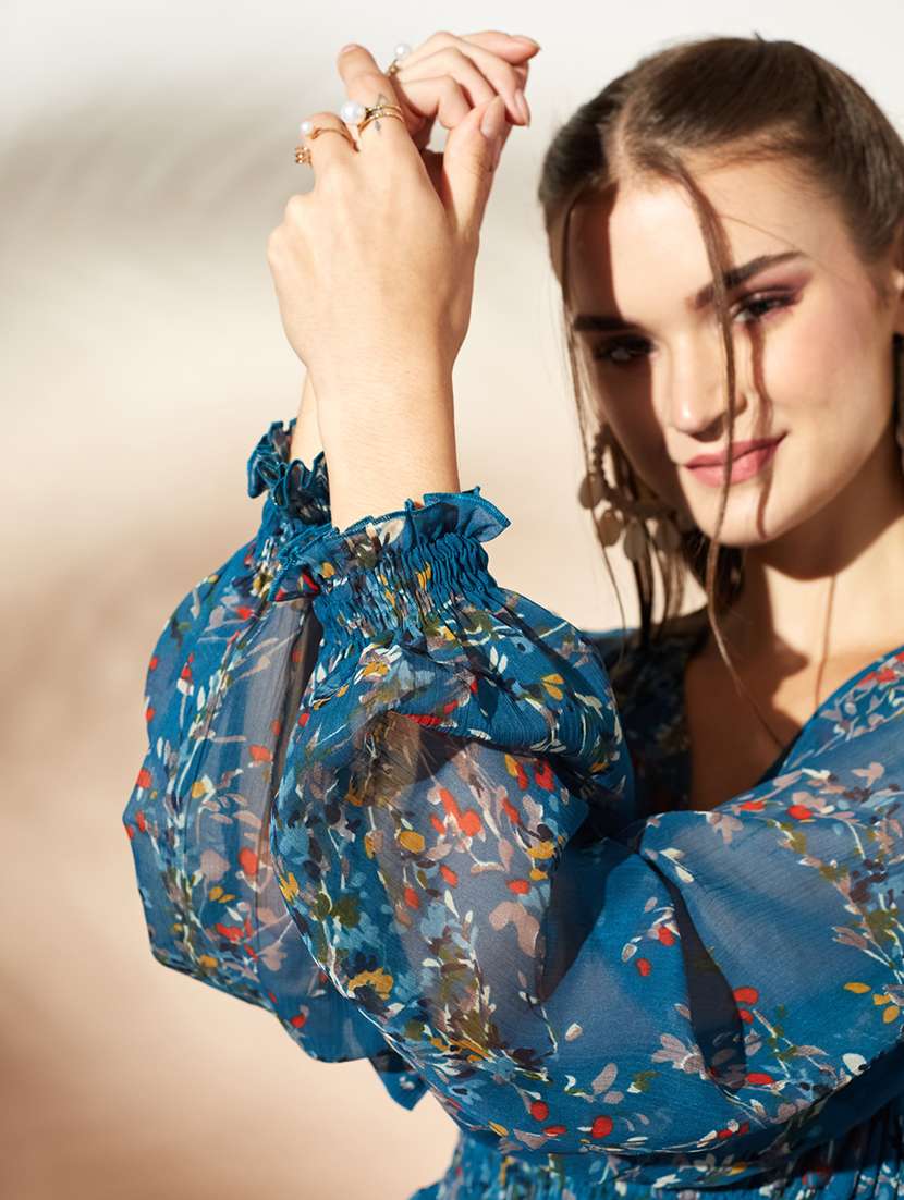 women printed bishop sleeves fit and flare dress - 22588215 -  Standard Image - 1