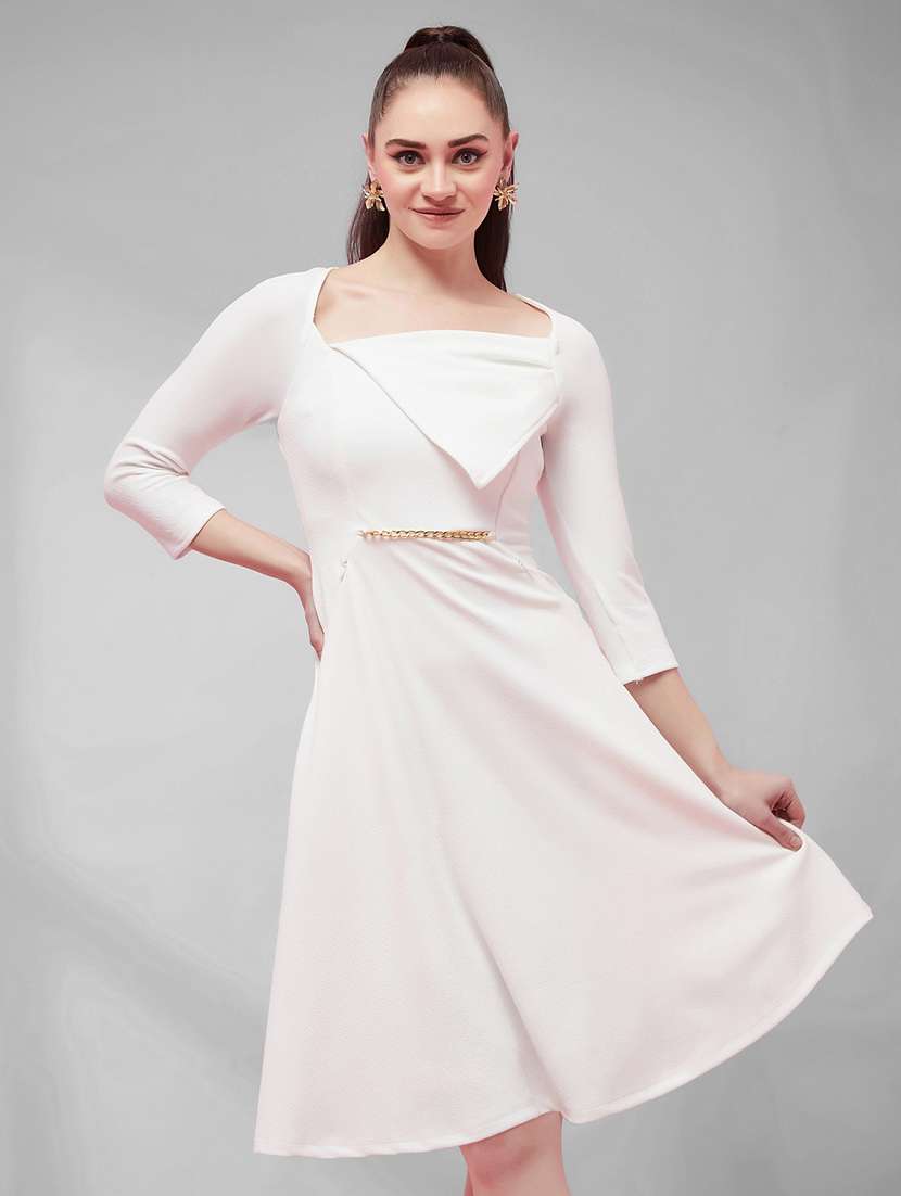 women solid three quarter sleeves a-line dress