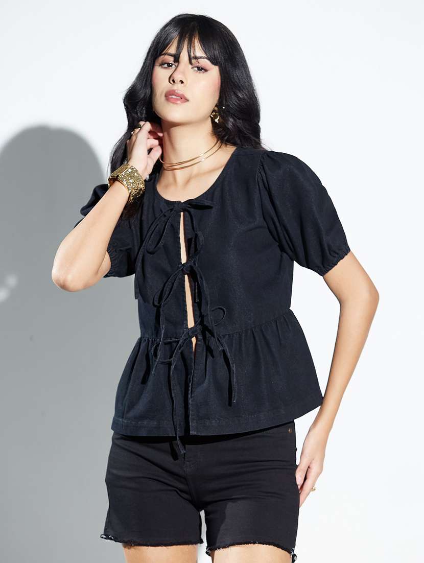 women solid puff sleeves peplum top - 22588253 -  Standard Image - 4