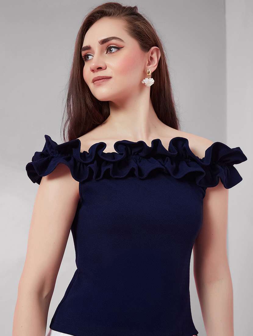 women solid off shoulder ruffle top - 22588255 -  Standard Image - 1