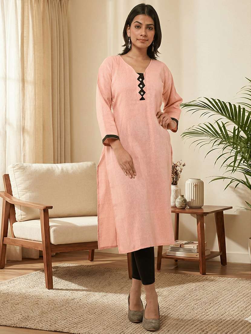 women solid three quarter sleeves straight kurta