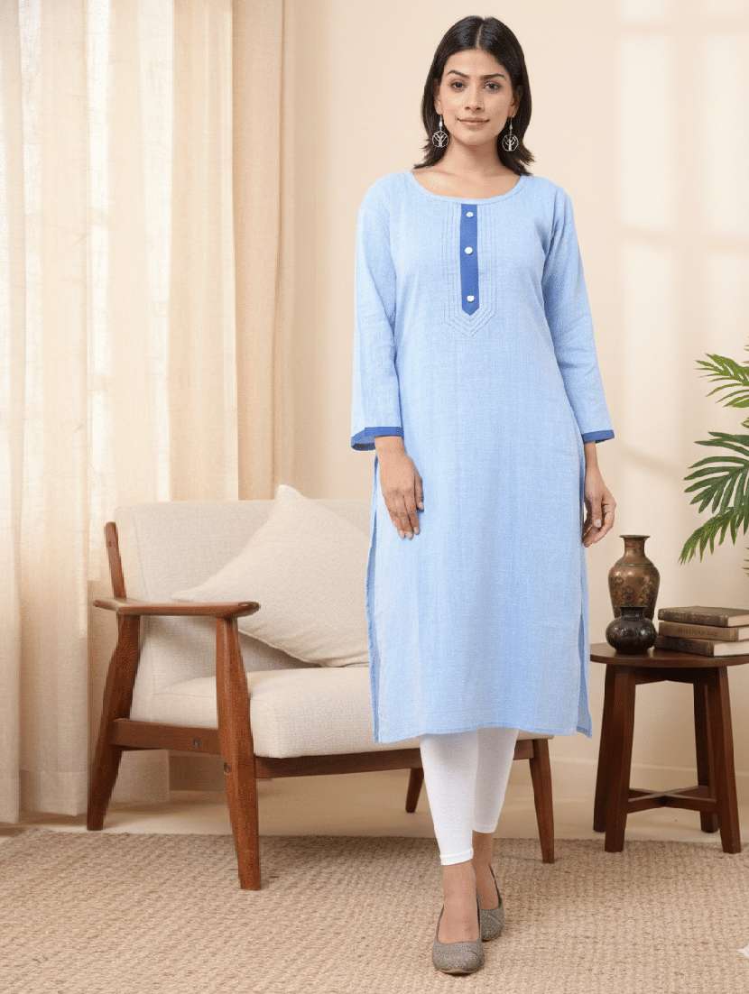 women self design three quarter sleeve straight kurta