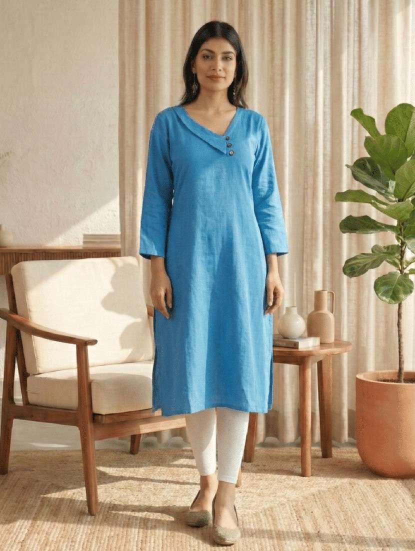women solid three quarter sleeves straight kurta