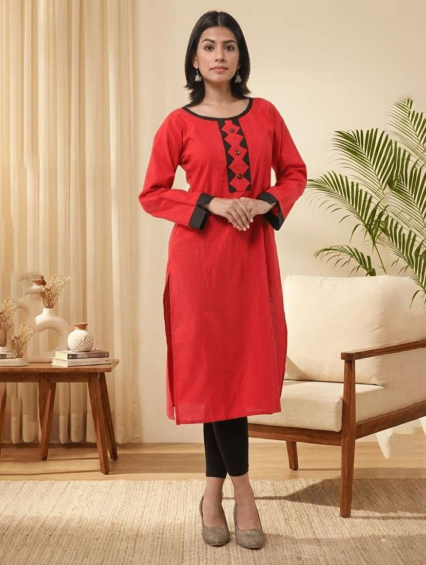 women solid long sleeves straight kurta