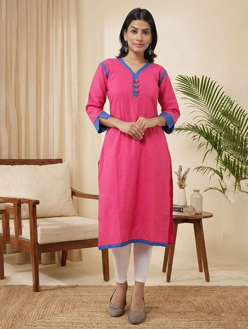 women solid three quarter sleeves straight kurta