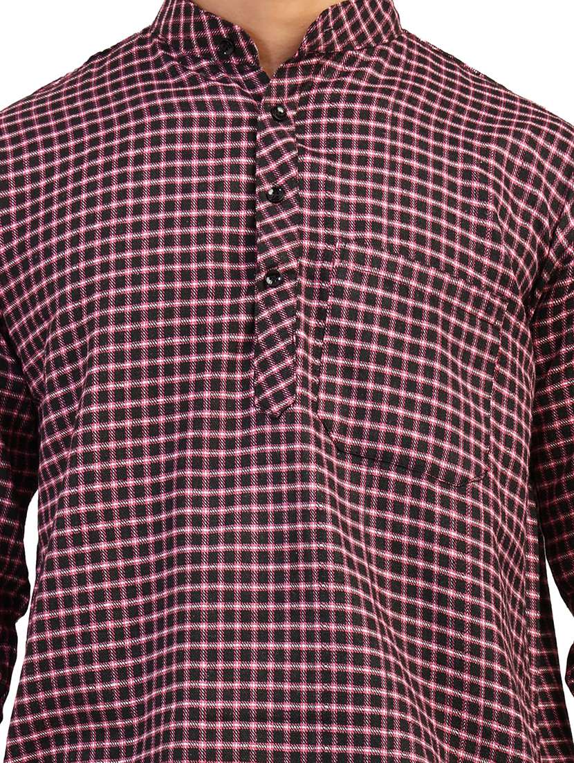 men checkered mandarin neck short kurta - 22589626 -  Standard Image - 1