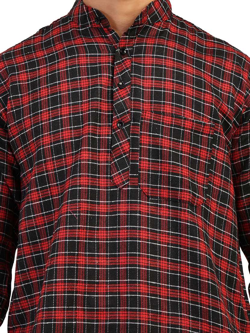 men checkered mandarin neck short kurta - 22589627 -  Standard Image - 1