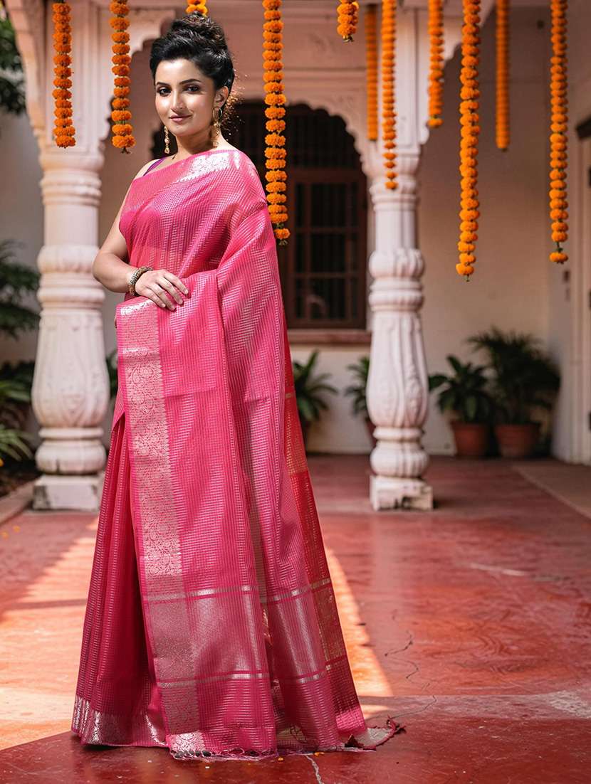 women checkered bordered saree with blouse - 22589650 -  Standard Image - 1
