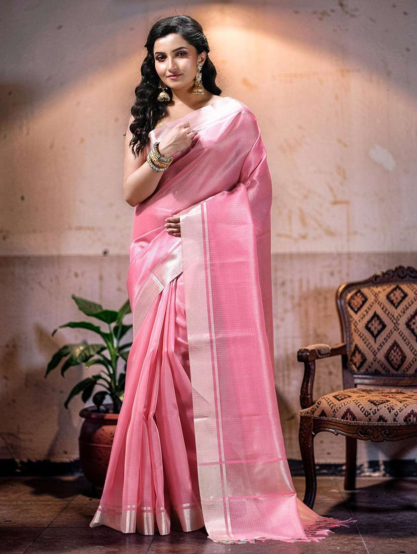women solid with bordered handloom saree with blouse - 22589684 -  Standard Image - 1