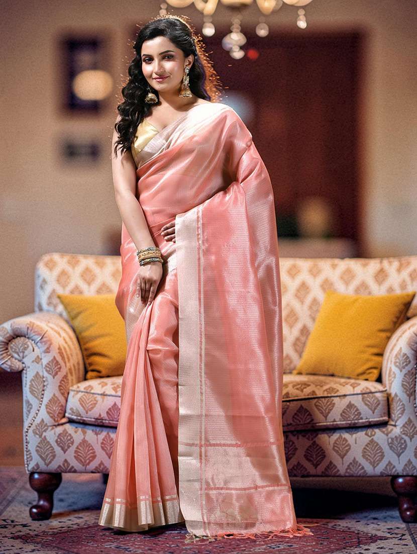 women solid with bordered handloom saree with blouse - 22589685 -  Standard Image - 1