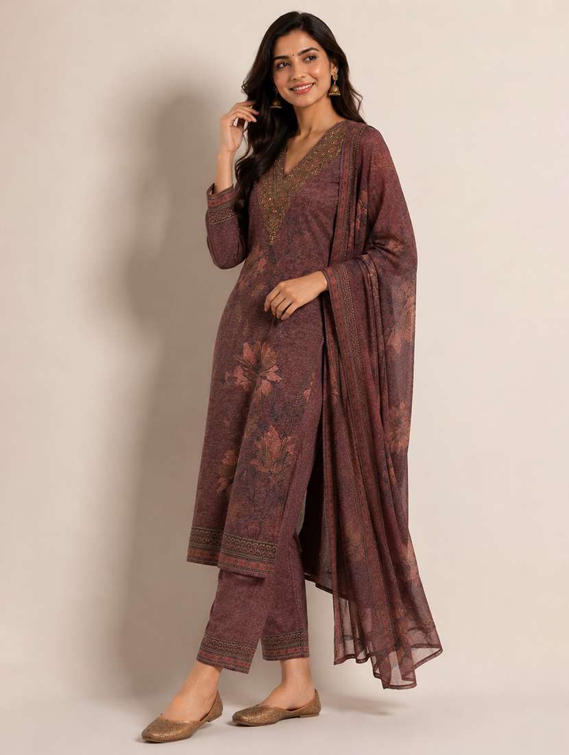 women printed long sleeves kurta pant set with dupatta - 22589866 -  Standard Image - 1
