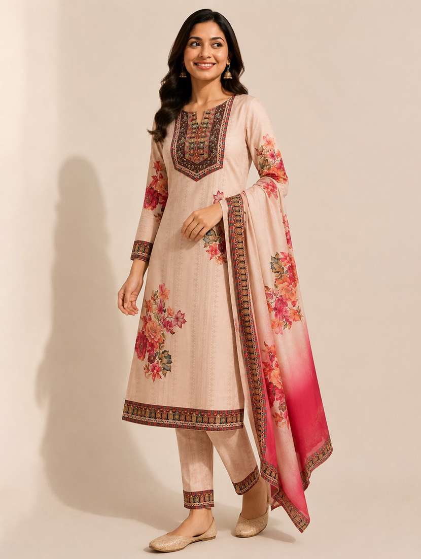 women printed three quarter sleeves kurta pant set with dupatta - 22589867 -  Standard Image - 1